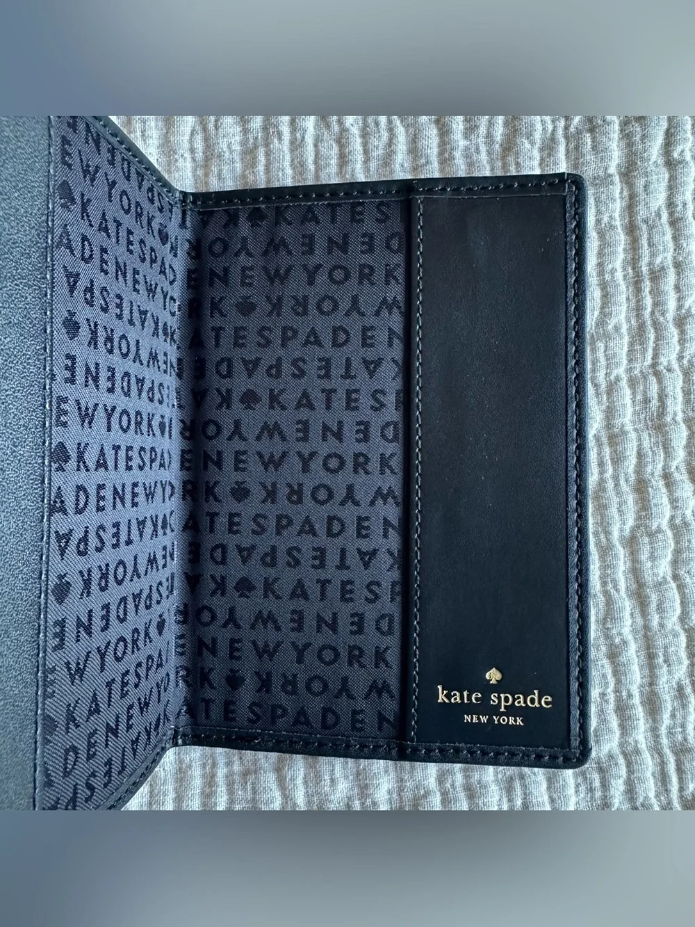 Kate Spade New York Passport Holder Black Leather Gold Tone Metal Logo